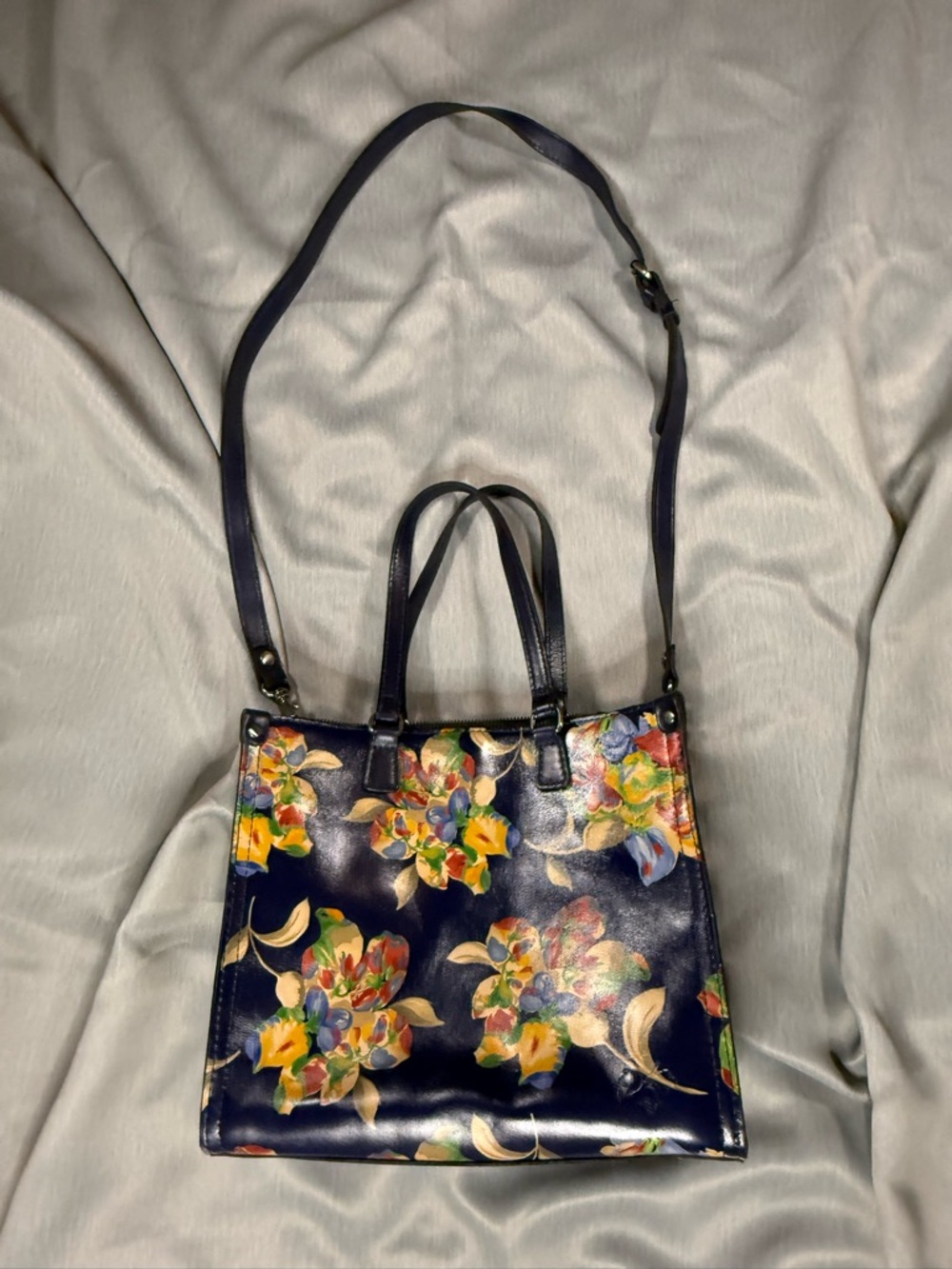 Patricia Nash Navy Floral Leather Tote with Adjustable Strap